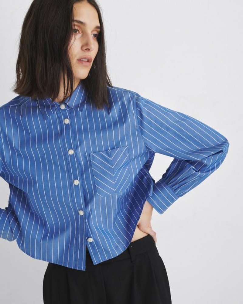 Women\'s Rag & Bone Maxine Cropped Cotton Poplin Classic Fit Button Down Tops Blue Stripes | 637GCQHZU