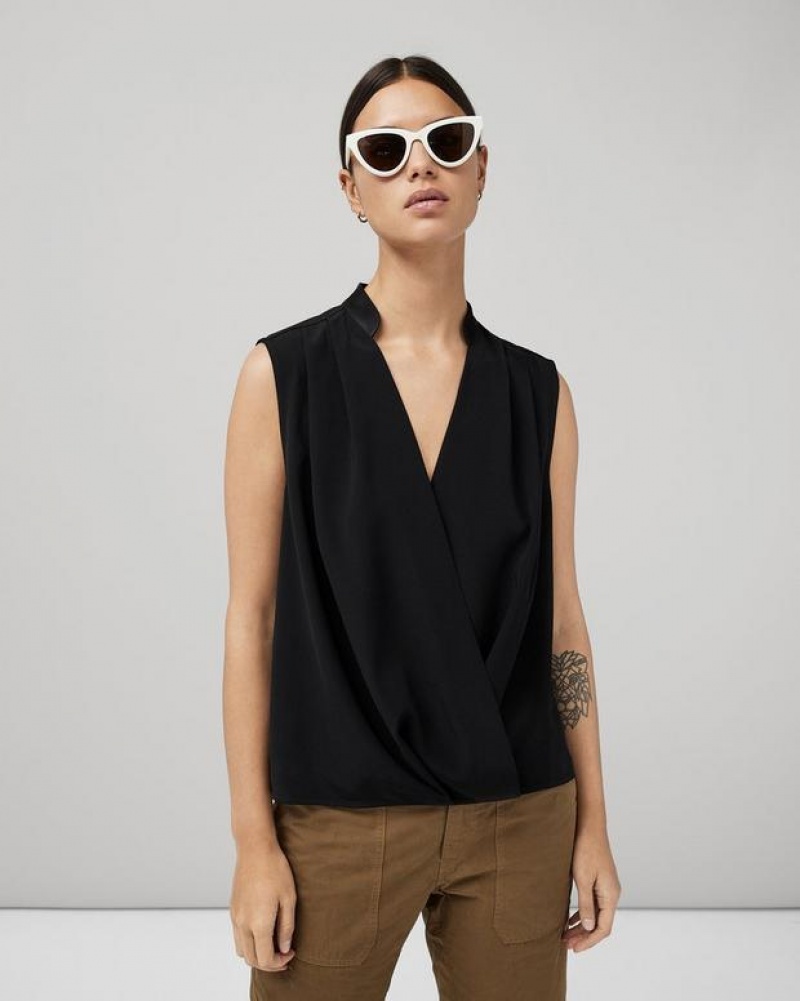 Women's Rag & Bone Meredith Satin Blouse Classic Fit Tops Black | 631ZUBDJA