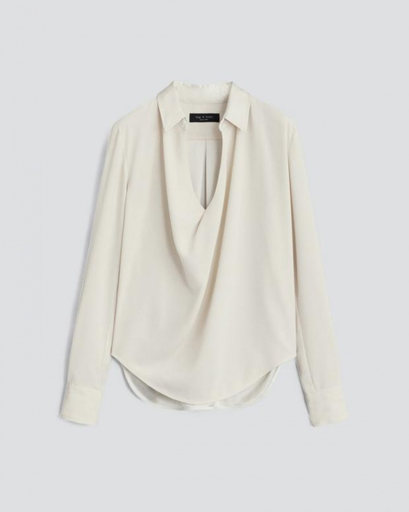 Women's Rag & Bone Phillipa Satin Blouse Classic Fit Tops White | 024JTVDUZ