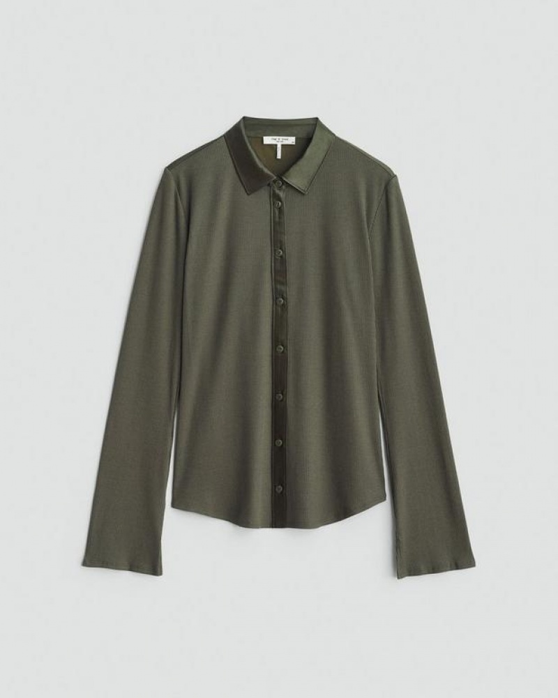 Women's Rag & Bone Ribbed Button Down Classic Fit Button Down T-Shirt Olive | 023JERTCO