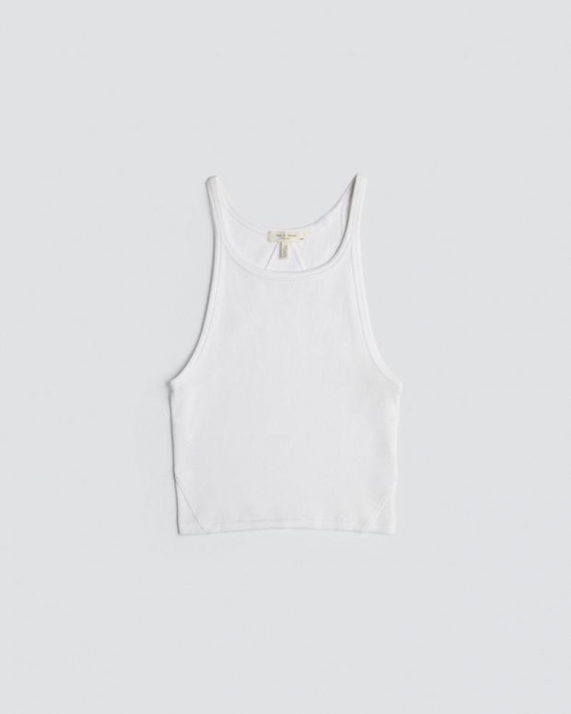 Women's Rag & Bone The Essential Rib String Tank Rib Cotton T-Shirt White | 471EYQJIB