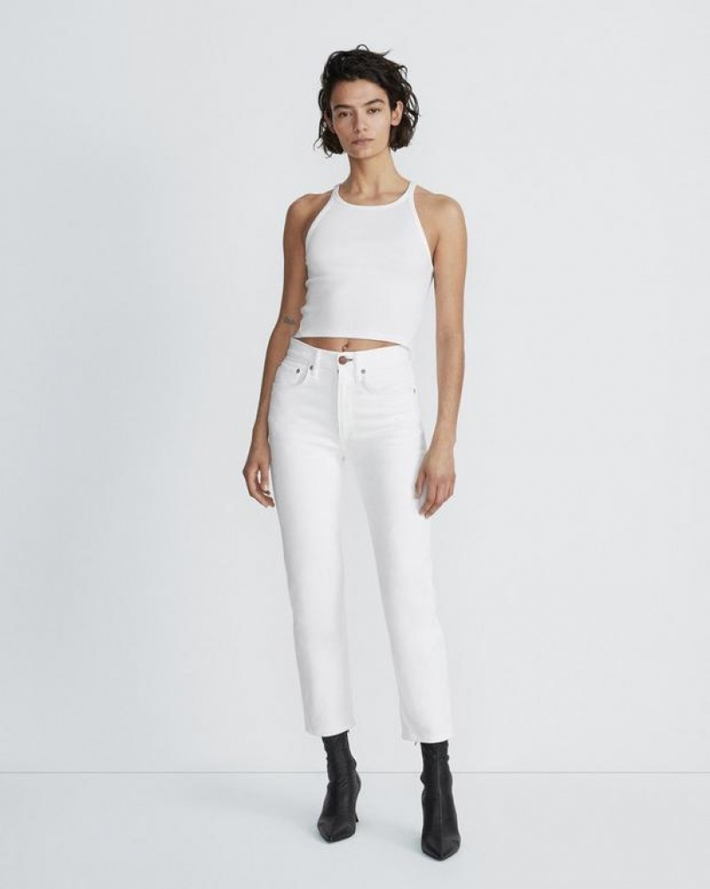 Women's Rag & Bone The Essential Rib String Tank Rib Cotton T-Shirt White | 471EYQJIB