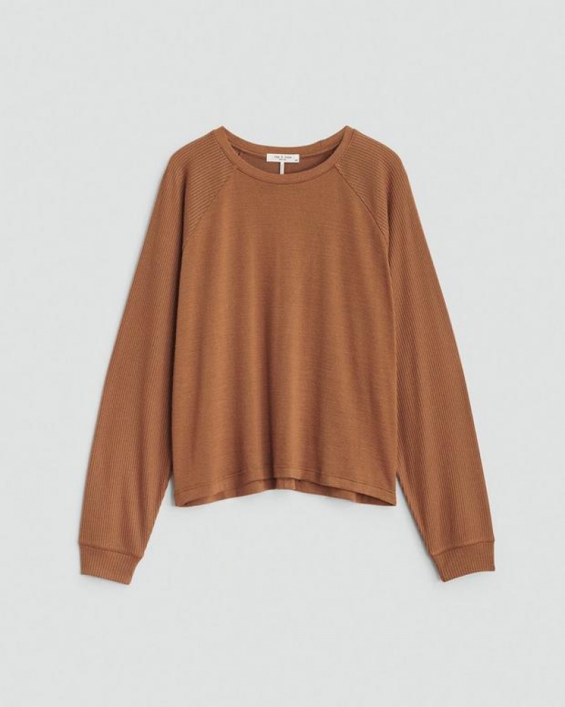 Women's Rag & Bone The Knit Crew Pullover Classic Fit T-Shirt Brown | 153YWLMAH