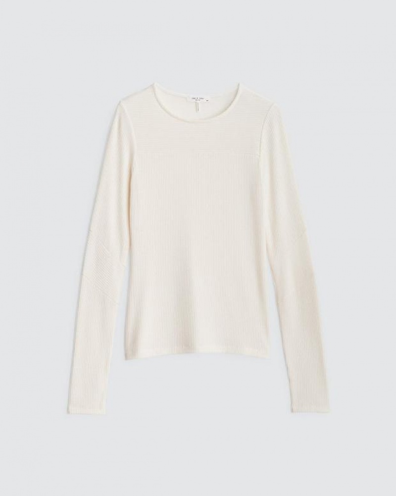 Women's Rag & Bone The Knit Rib Paneled Crew Slim Fit T-Shirt White | 185LSXYQA