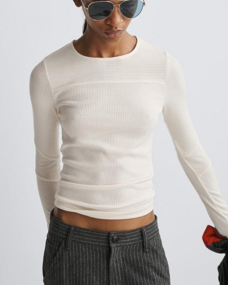 Women's Rag & Bone The Knit Rib Paneled Crew Slim Fit T-Shirt White | 185LSXYQA