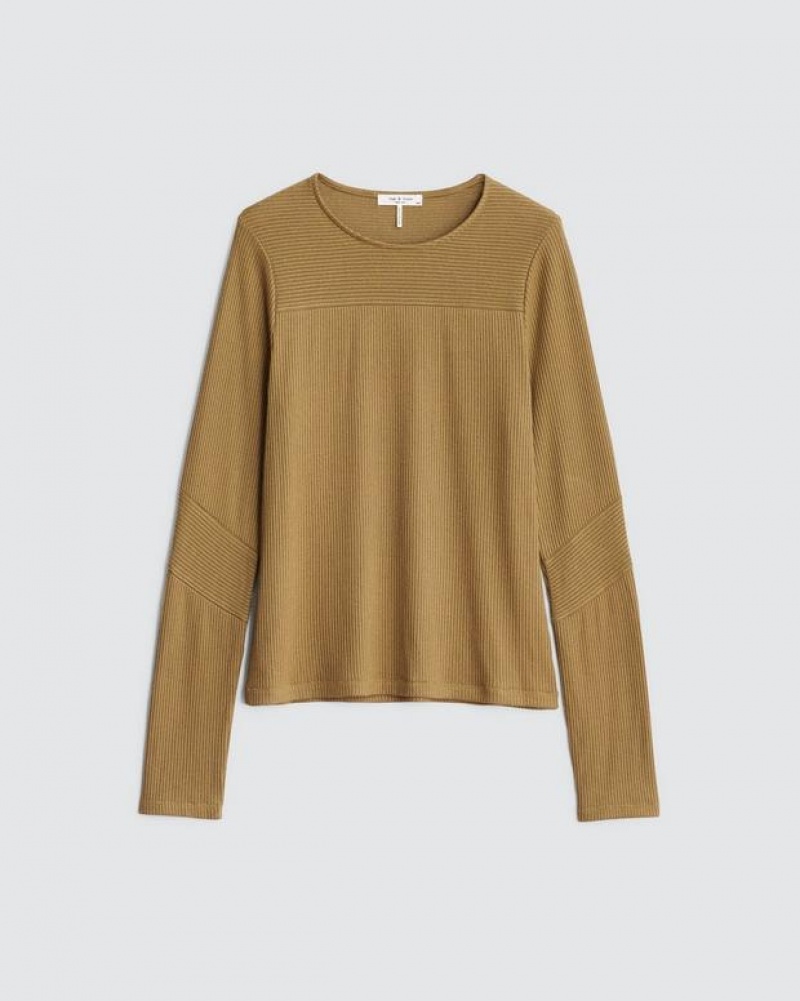 Women's Rag & Bone The Knit Rib Paneled Crew Slim Fit T-Shirt Khaki | 562TJKOEN