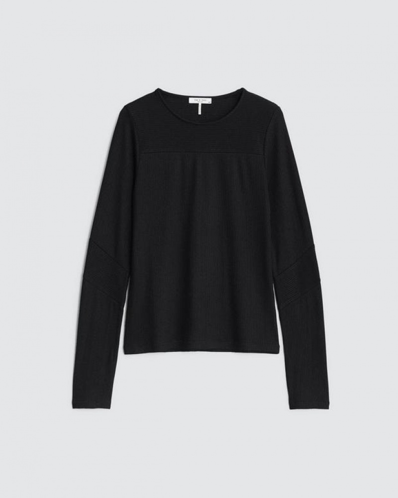 Women's Rag & Bone The Knit Rib Paneled Crew Slim Fit T-Shirt Black | 564LUWKYH