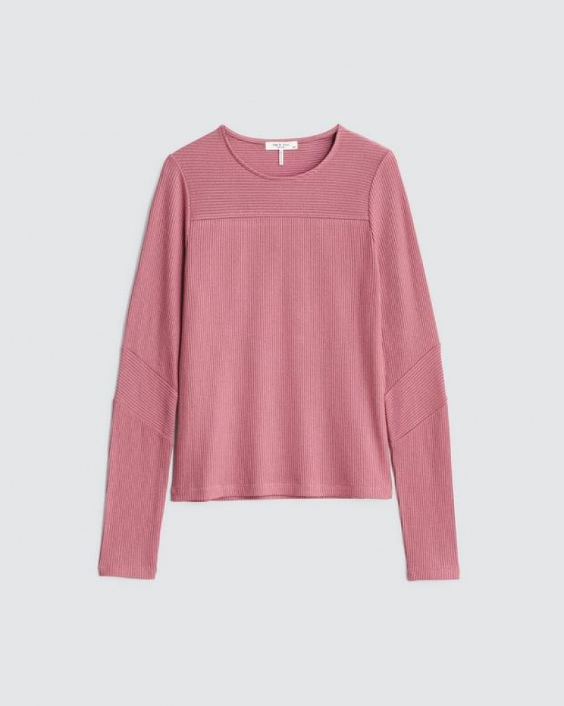 Women's Rag & Bone The Knit Rib Paneled Crew Slim Fit T-Shirt Rose | 184FYJHTG