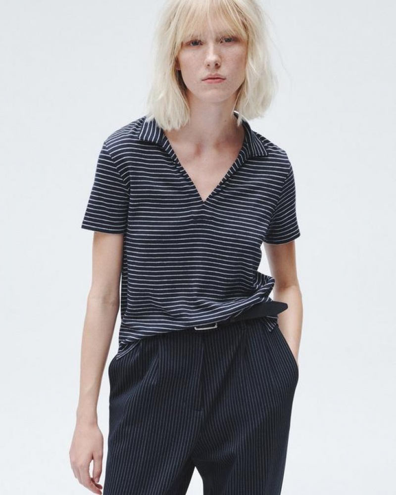 Women\'s Rag & Bone The Knit Striped Pima Cotton T-Shirt Navy Stripes | 516UBPFWO