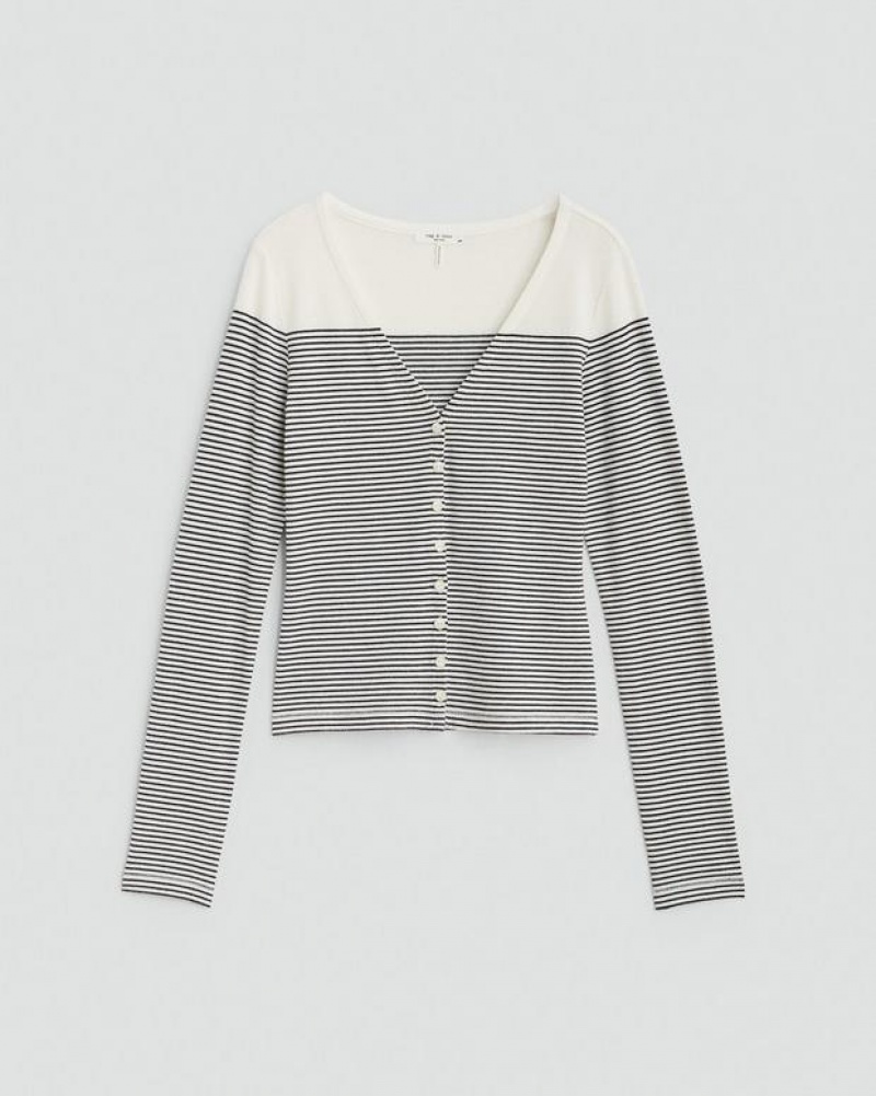 Women's Rag & Bone The Knit Striped Vee Cardigan Classic Fit T-Shirt Black / White | 916XZYVBA