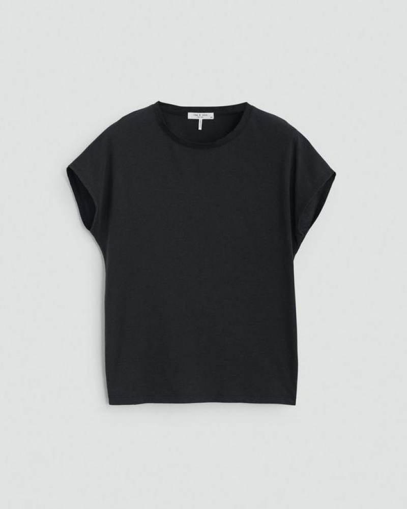 Women's Rag & Bone The Slub Pleated Tee Organic Pima Cotton T-Shirt Black | 456UOWSMD