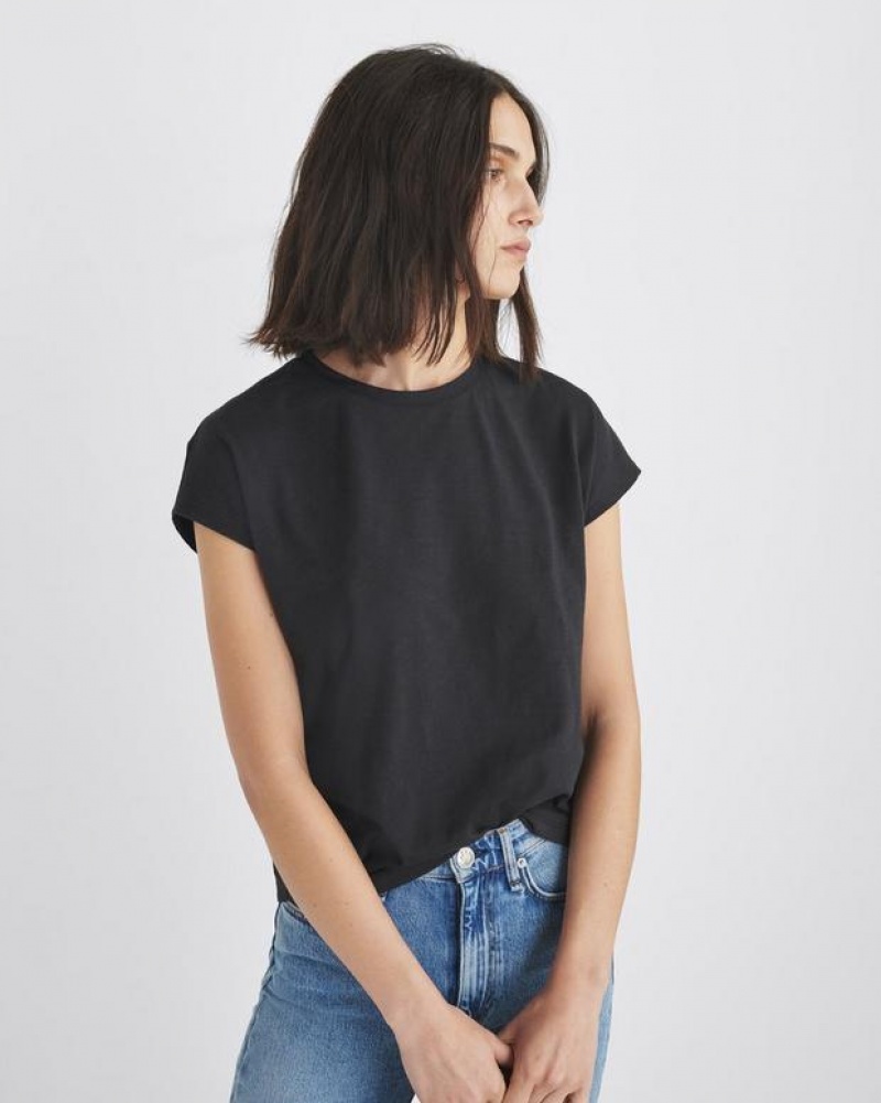 Women's Rag & Bone The Slub Pleated Tee Organic Pima Cotton T-Shirt Black | 456UOWSMD