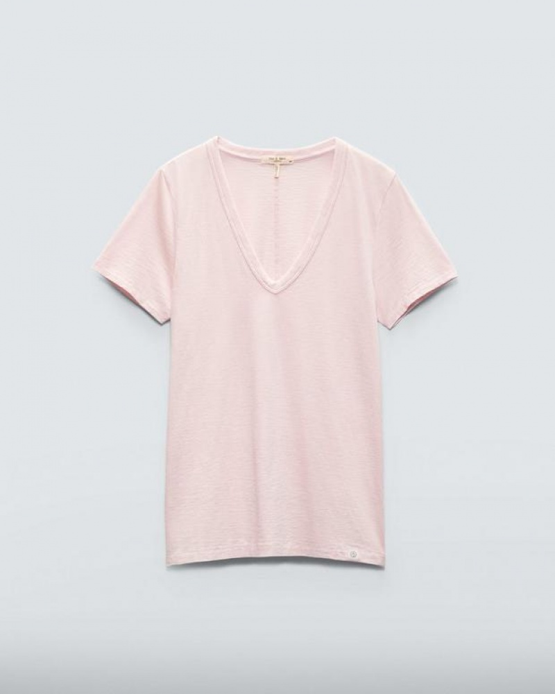 Women's Rag & Bone The Slub Vee Organic Pima Cotton T-Shirt Pink | 476EVHNBK