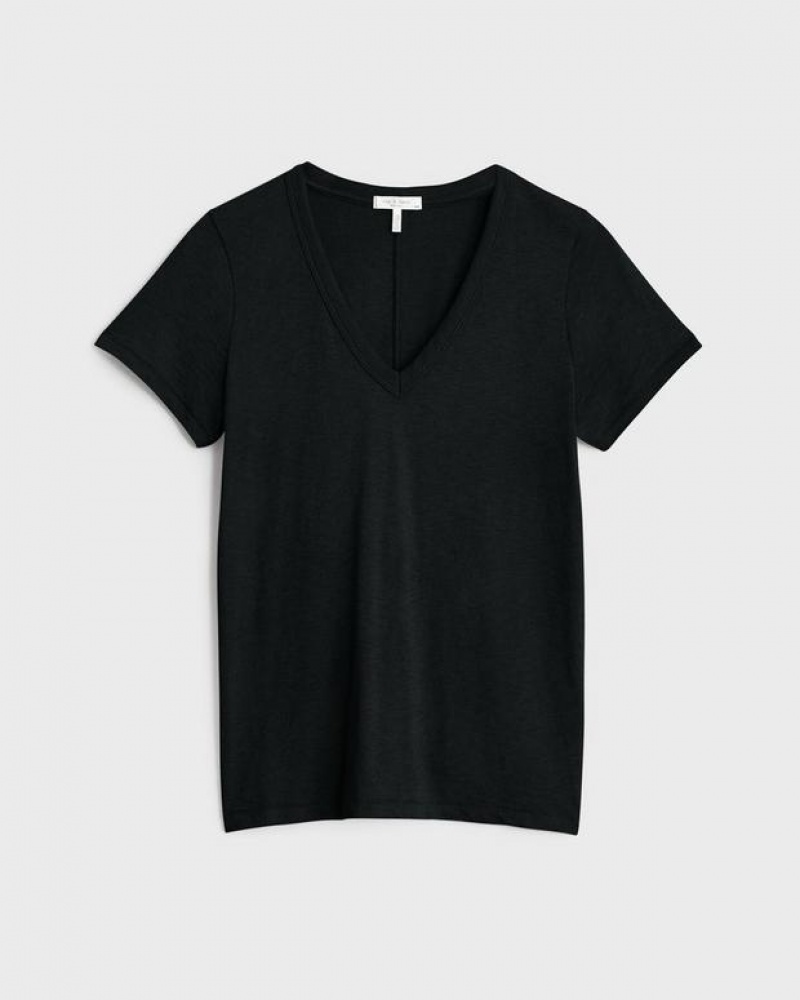 Women's Rag & Bone The Slub Vee Pima Cotton Tee T-Shirt Black | 657GZRMAO