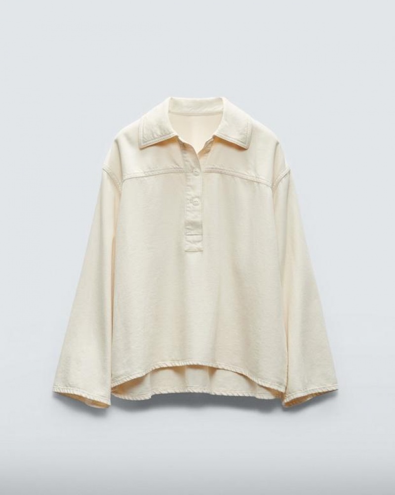 Women's Rag & Bone Ultra Featherweight Emily Popover Relaxed Fit Tops Ecru | 089BIONAZ